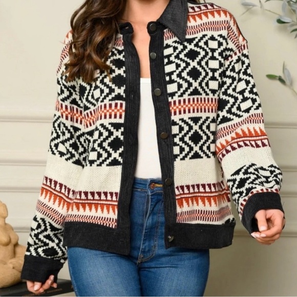 FATE Anthropologie Geometric knit and corduroy jacket size Medium cozy outerwear - Picture 1 of 11